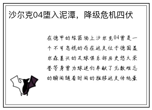 沙尔克04堕入泥潭，降级危机四伏